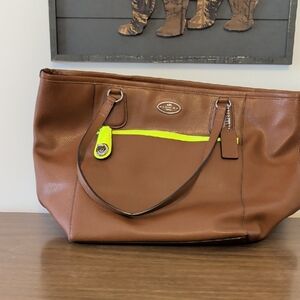 Brown Leather Tote Bag with Neon Accents